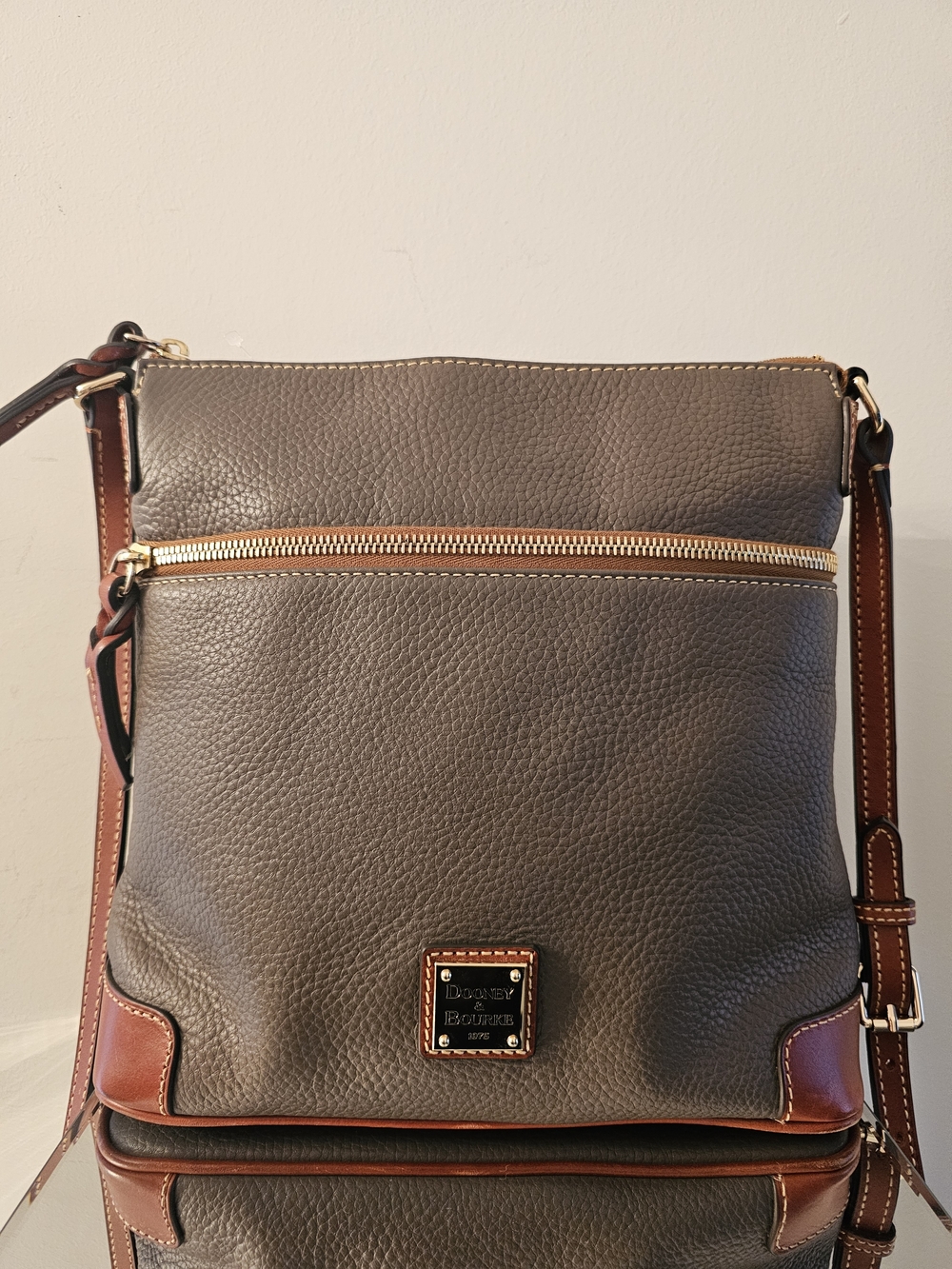 Dooney & Bourke Pebble Leather Crossbody in Gray with Brown Trim